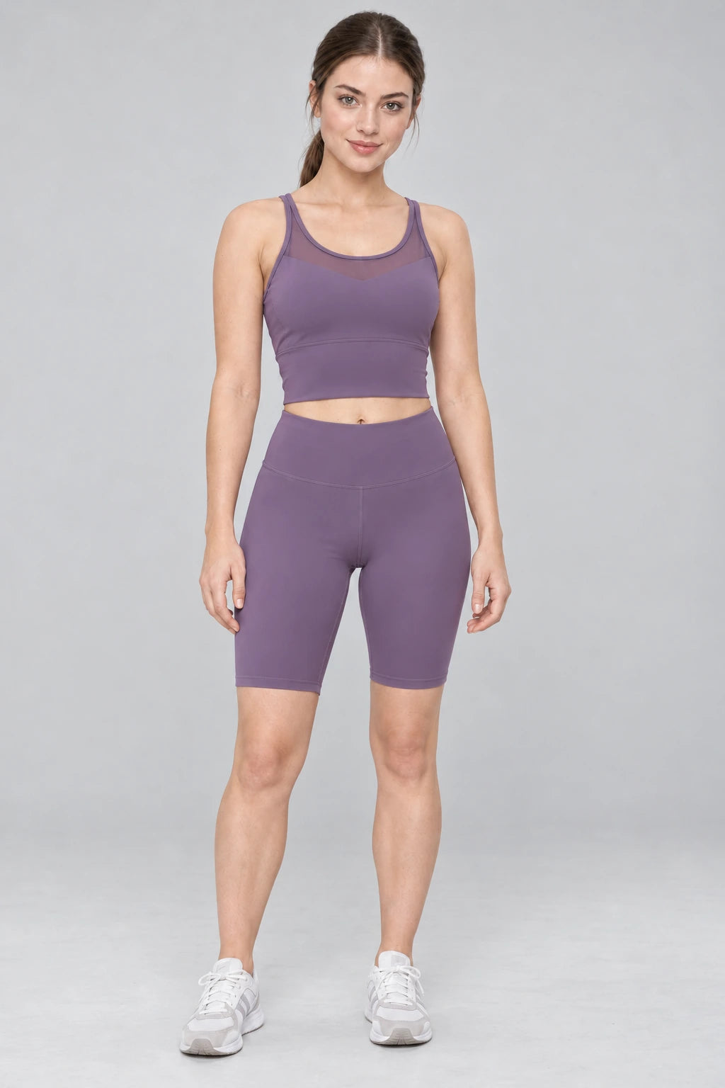 WEARHUB Polyester-Spandex Thin-Strap Mesh Sports Bra — Aubergine, front view