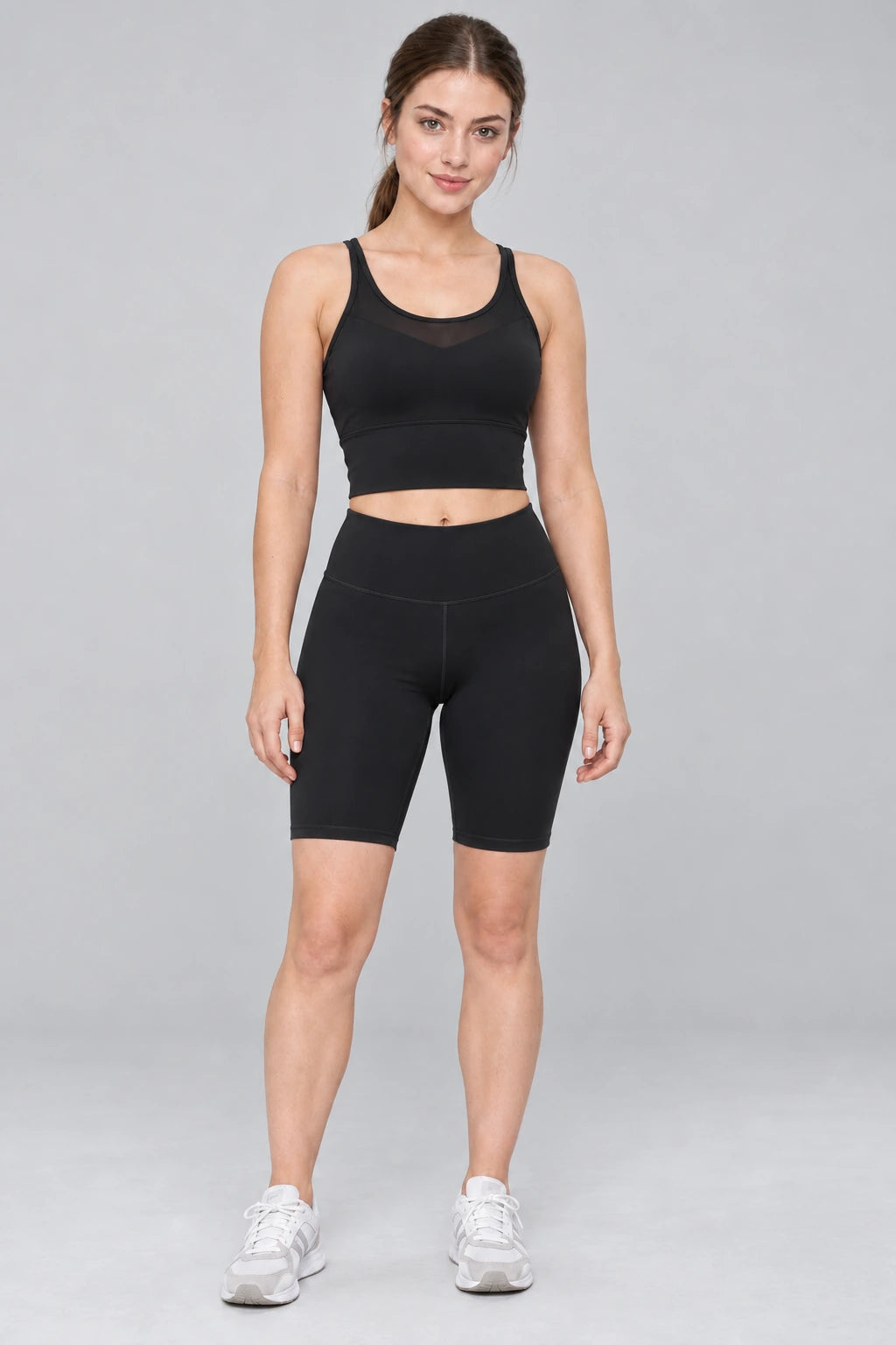 WEARHUB Polyester-Spandex Thin-Strap Mesh Sports Bra — Starry Black, front view