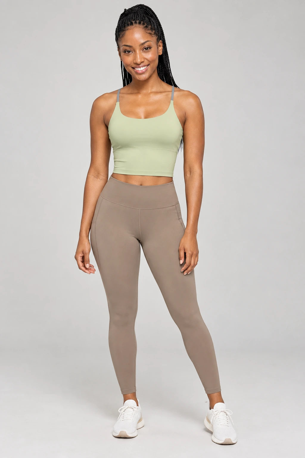 WEARHUB Polyester-Spandex Color-Block Spaghetti-Strap Sports Bra — Ivory, front view