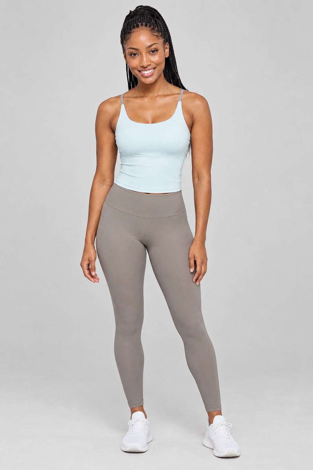 WEARHUB Polyester-Spandex Color-Block Spaghetti-Strap Sports Bra — Ice Blue / Rhino Grey, color front view