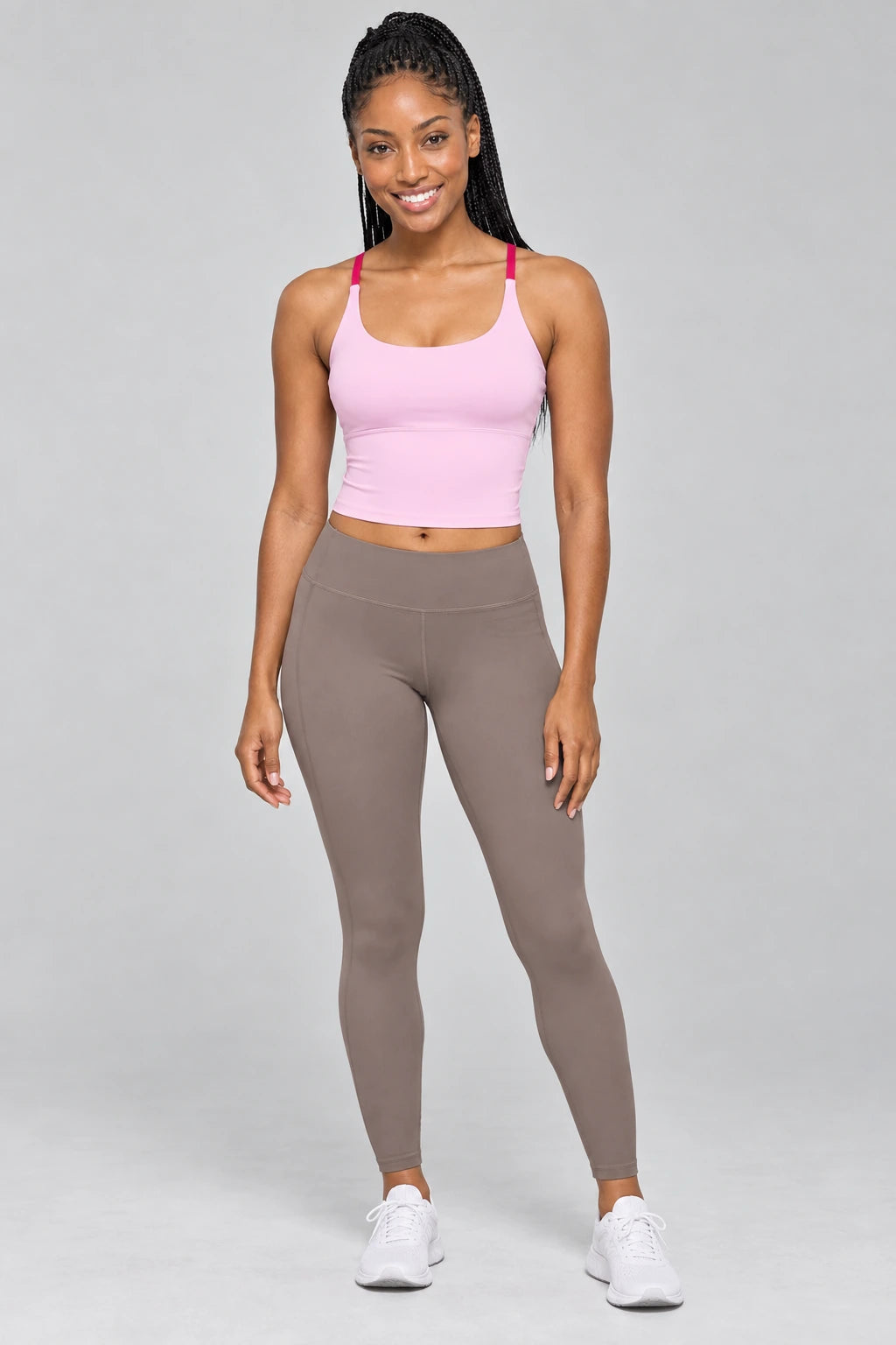 WEARHUB Polyester-Spandex Color-Block Spaghetti-Strap Sports Bra — Diamond Pink, color front view