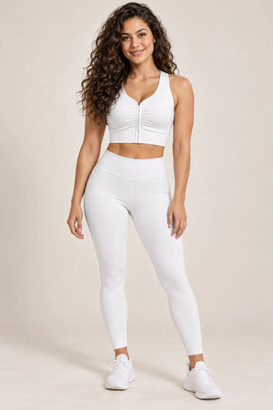 WEARHUB Polyester-Spandex Front-Zip Ruched Sports Bra — White, front view