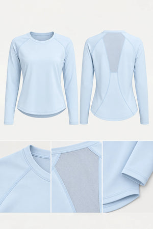 WEARHUB Polyester-Spandex Mesh-Back Relaxed Long-Sleeve Top — Grey Blossom Pink, fabric and stitching details