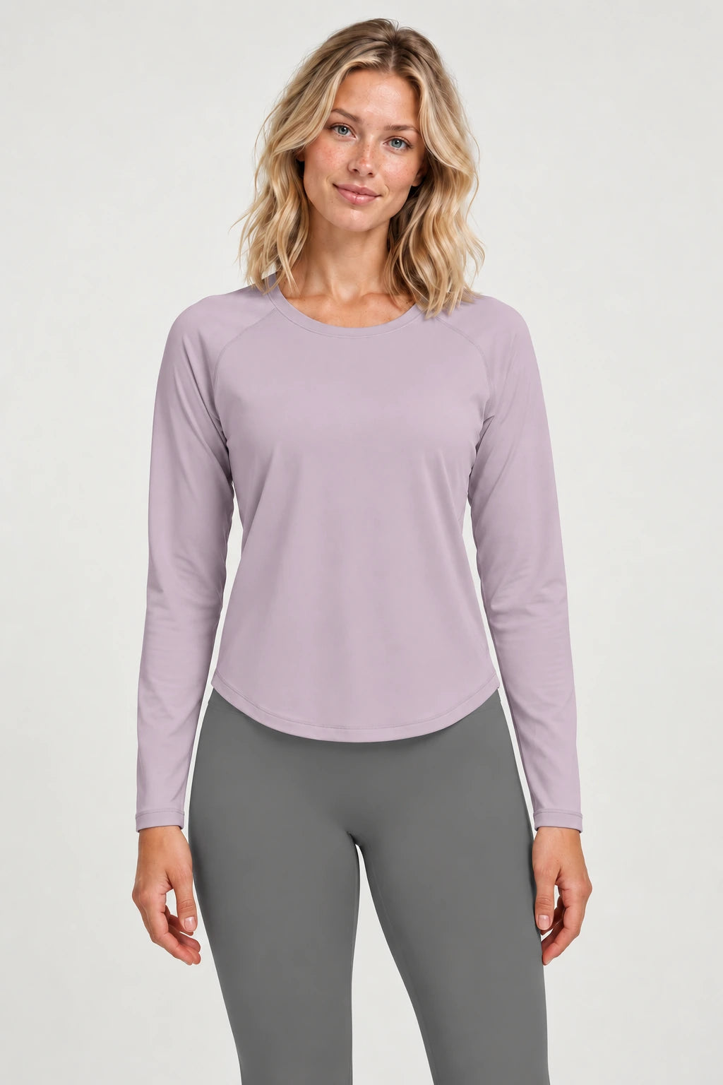 WEARHUB Polyester-Spandex Mesh-Back Relaxed Long-Sleeve Top — Grey Blossom Pink, front view