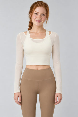 WEARHUB Polyester-Spandex Mesh Layered-Look Long-Sleeve Active Top — Starry Black, front view