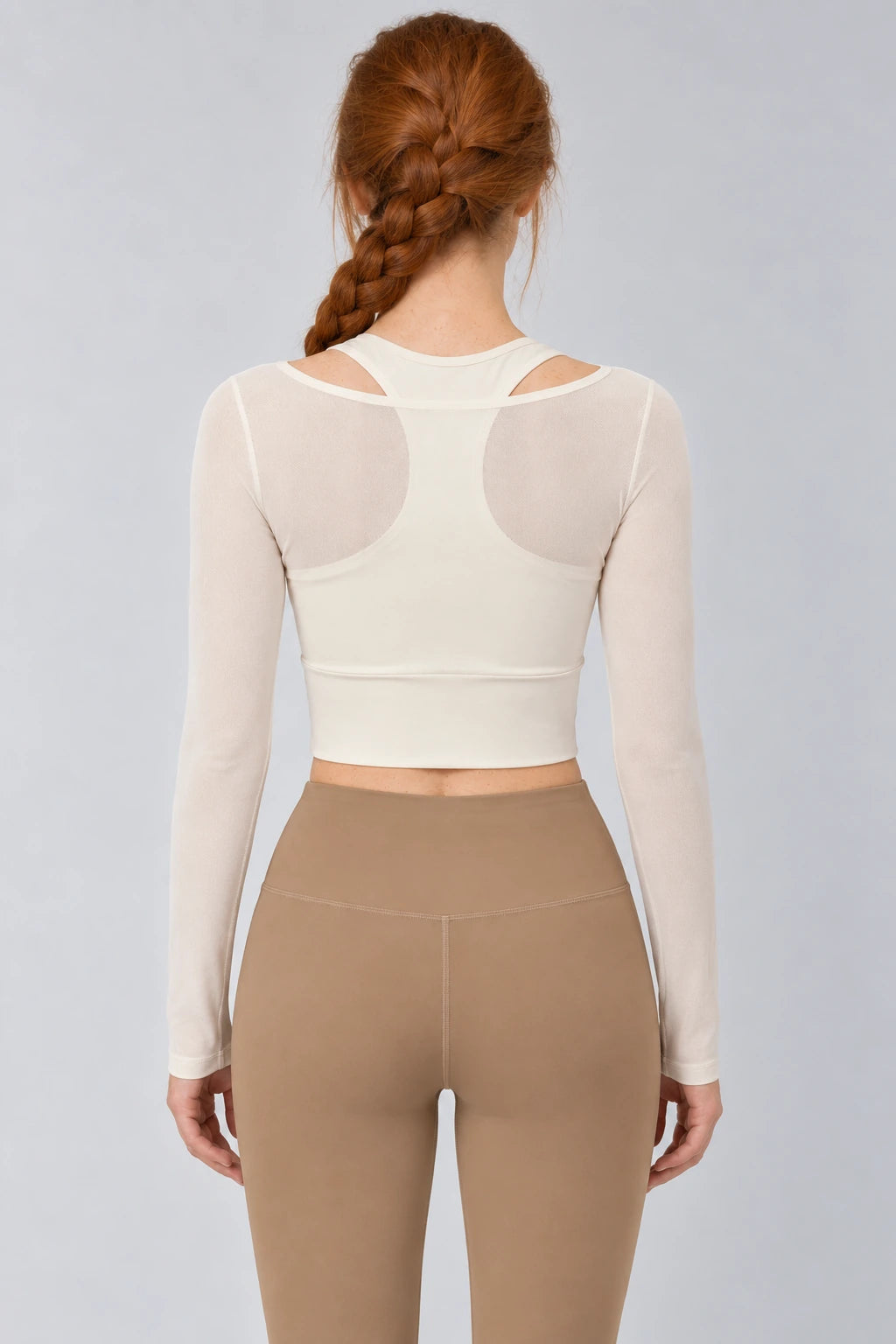 WEARHUB Polyester-Spandex Mesh Layered-Look Long-Sleeve Active Top — Starry Black, back view