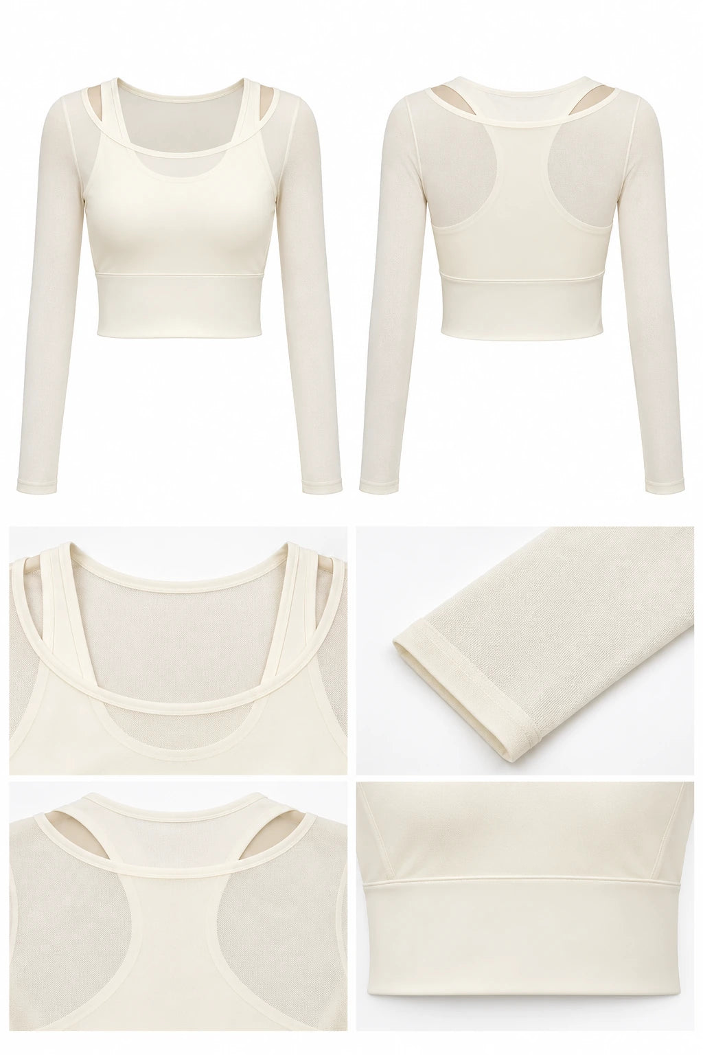WEARHUB Polyester-Spandex Mesh Layered-Look Long-Sleeve Active Top — Starry Black, fabric and stitching details