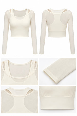 WEARHUB Polyester-Spandex Mesh Layered-Look Long-Sleeve Active Top — Starry Black, fabric and stitching details