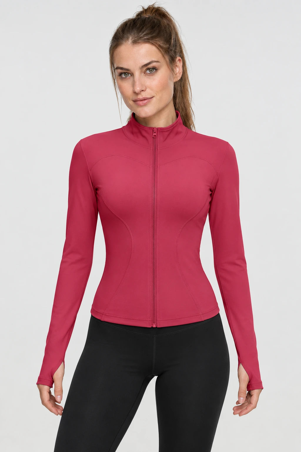 WEARHUB Polyester-Spandex Stretch Yoga Jacket — Raspberry Red, front view