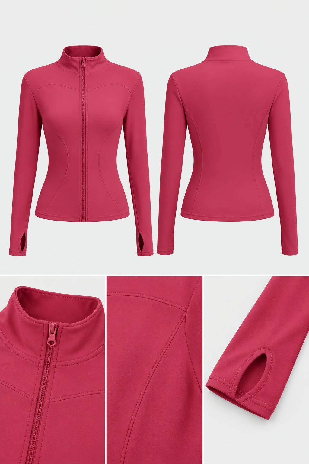 WEARHUB Polyester-Spandex Stretch Yoga Jacket — Raspberry Red, fabric and stitching details