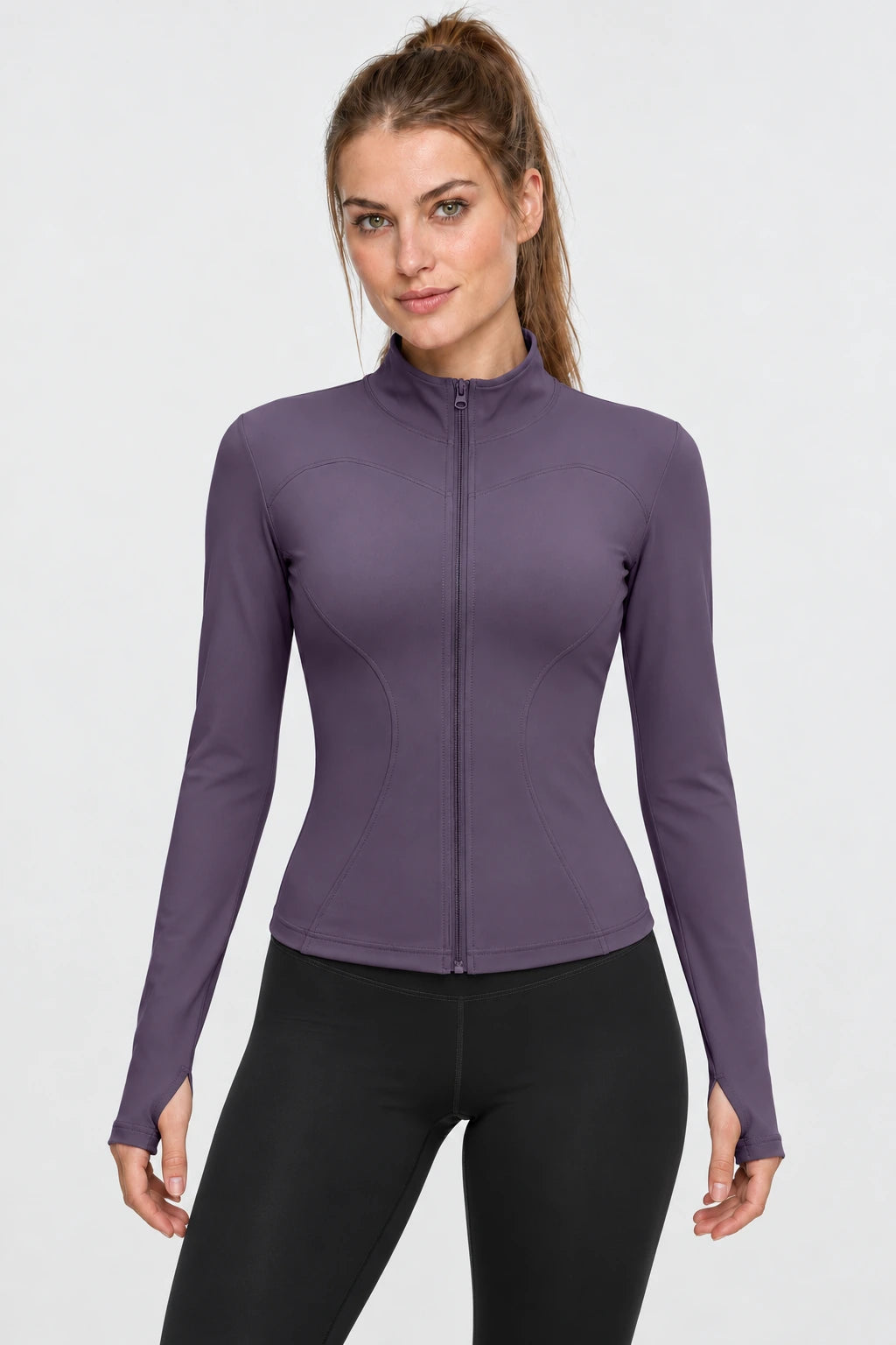 WEARHUB Polyester-Spandex Stretch Yoga Jacket — Aubergine, front view