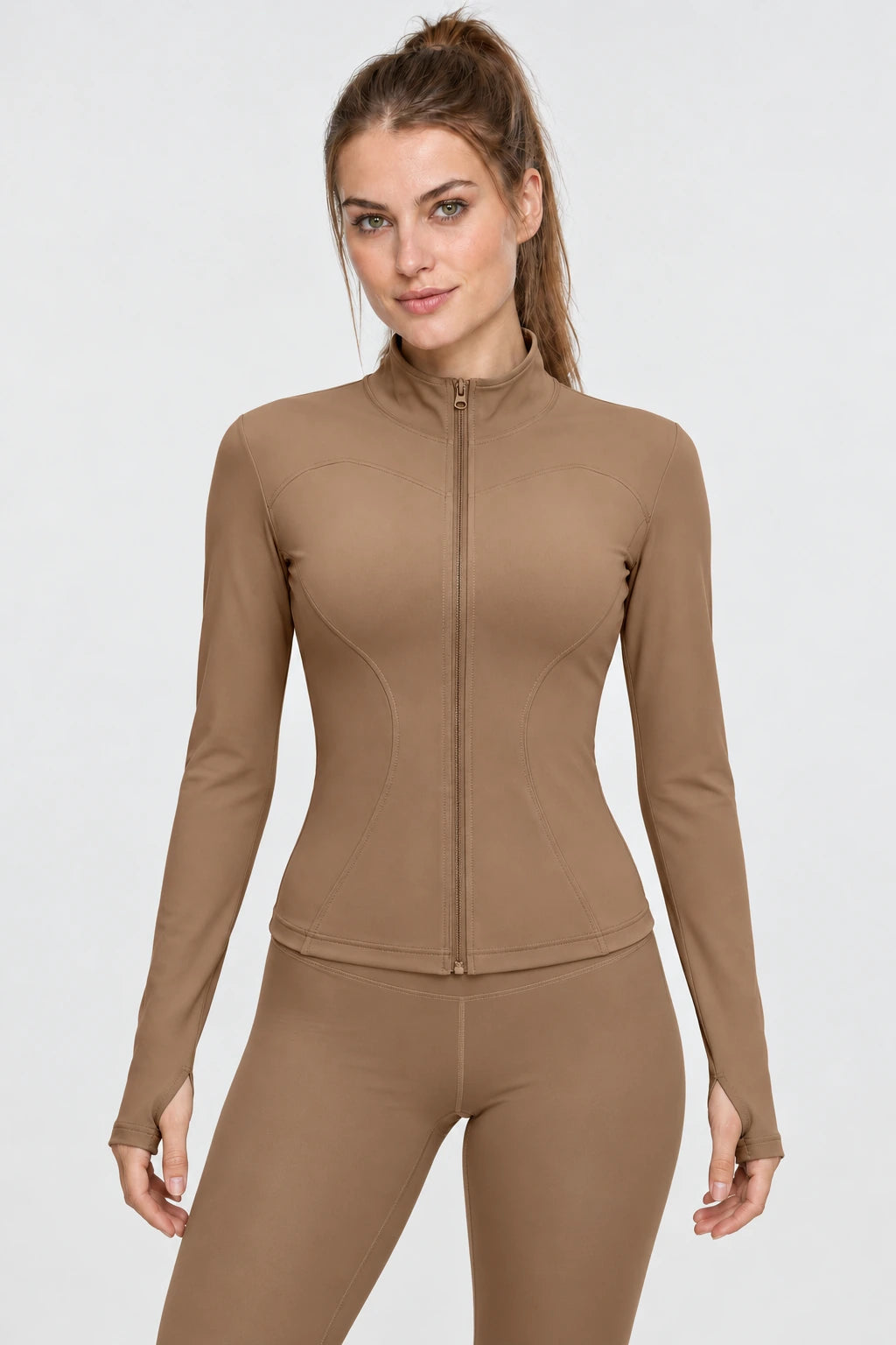 WEARHUB Polyester-Spandex Stretch Yoga Jacket — Cocoa, front view