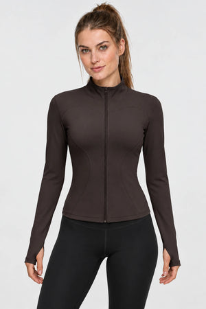 WEARHUB Polyester-Spandex Stretch Yoga Jacket — Espresso, front view