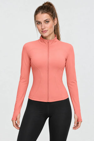 WEARHUB Polyester-Spandex Stretch Yoga Jacket — Grapefruit Pink, front view