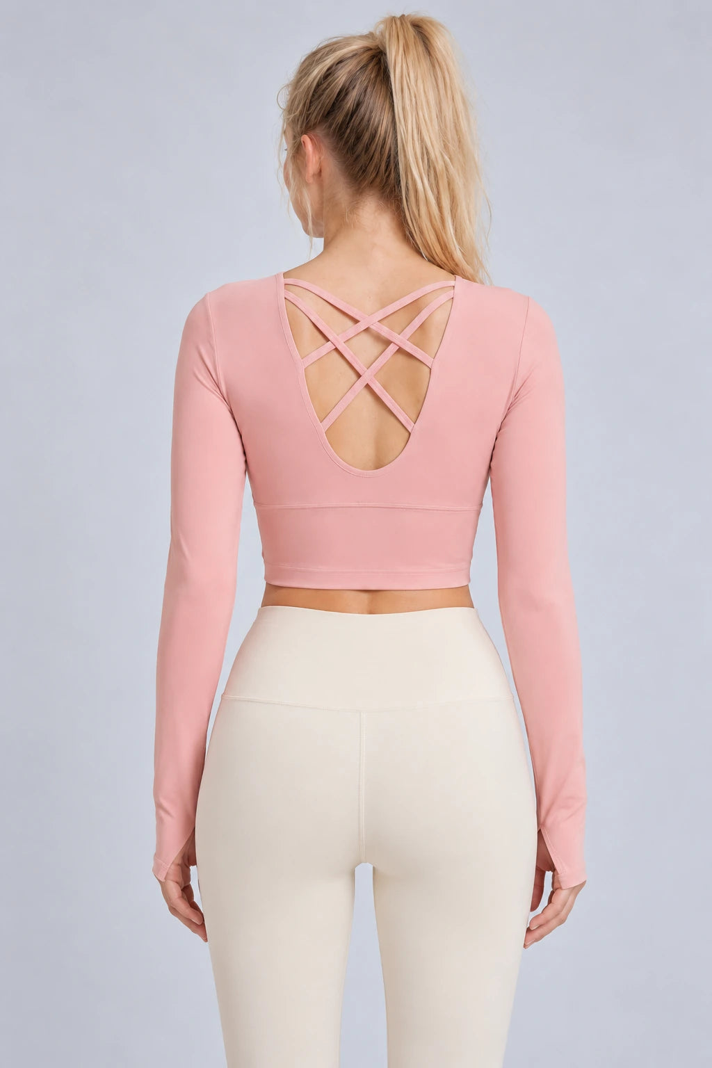 WEARHUB Polyester-Spandex Crisscross-Back Long-Sleeve Bra Top — Barbie Pink, back view