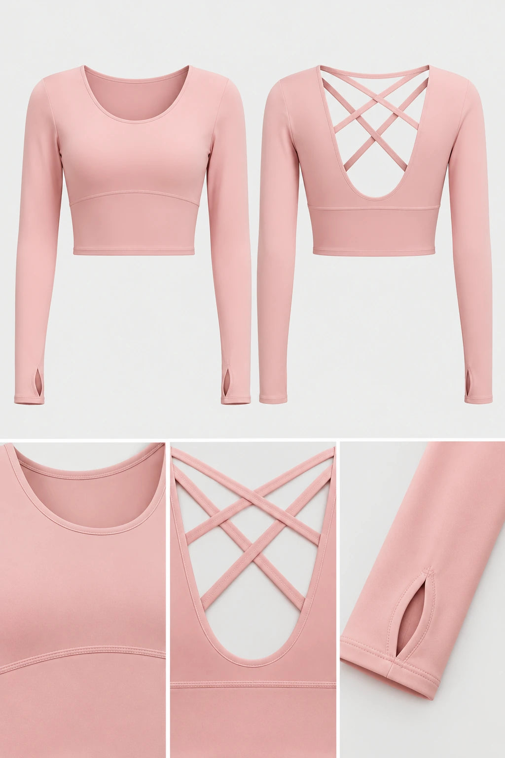 WEARHUB Polyester-Spandex Crisscross-Back Long-Sleeve Bra Top — Barbie Pink, fabric and stitching details
