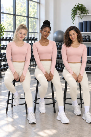 WEARHUB Polyester-Spandex Crisscross-Back Long-Sleeve Bra Top — Barbie Pink, shown on multiple models