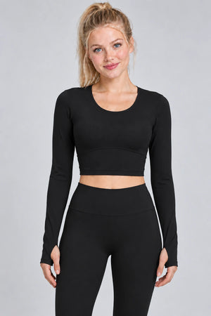 WEARHUB Polyester-Spandex Crisscross-Back Long-Sleeve Bra Top — Starry Black, front view