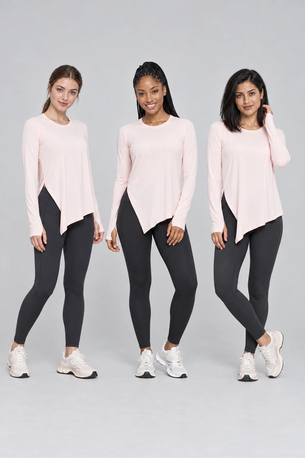 WEARHUB Polyester-Spandex Silky-Touch Relaxed Long-Sleeve Top — product, multiracial view