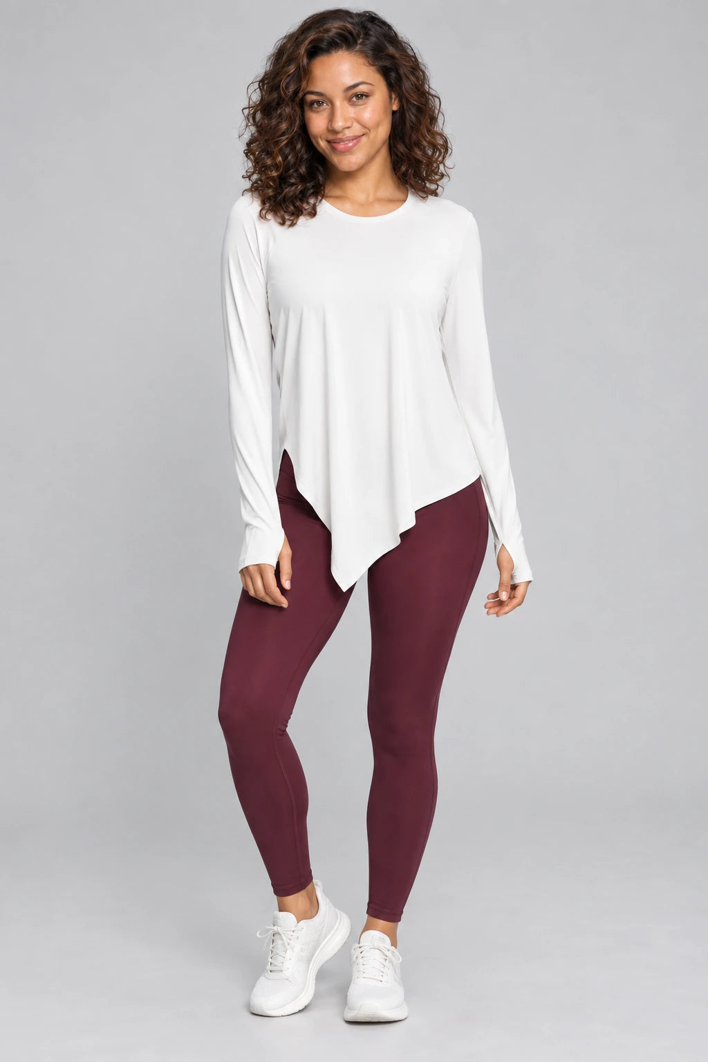 WEARHUB Polyester-Spandex Silky-Touch Relaxed Long-Sleeve Top — Off-White, color front view