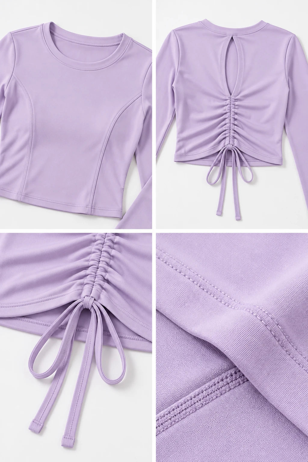 WEARHUB Polyester-Spandex Ruched-Back Long-Sleeve Active Top — product, details view