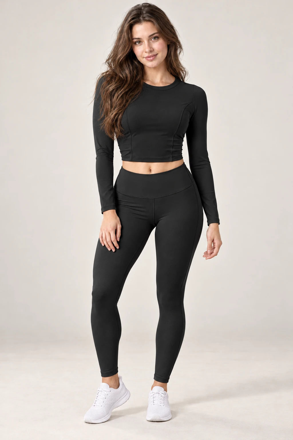 WEARHUB Polyester-Spandex Ruched-Back Long-Sleeve Active Top — Starry Black, color front view