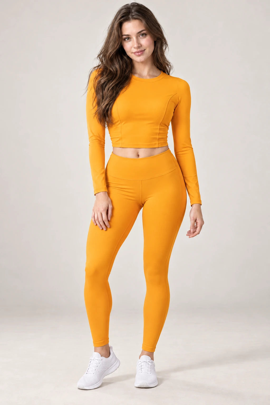 WEARHUB Polyester-Spandex Ruched-Back Long-Sleeve Active Top — Neon Orange, color front view