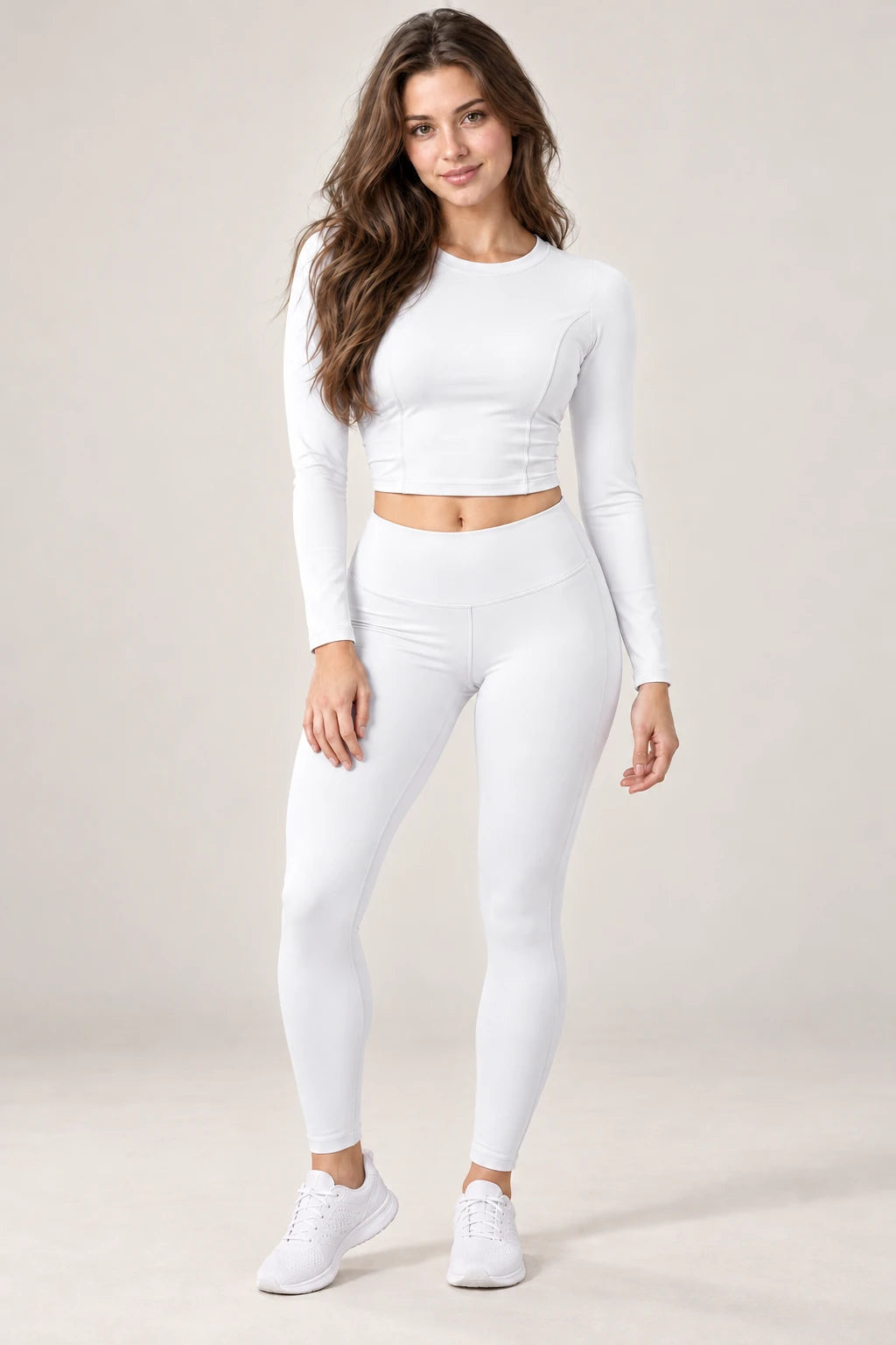 WEARHUB Polyester-Spandex Ruched-Back Long-Sleeve Active Top — White, color front view