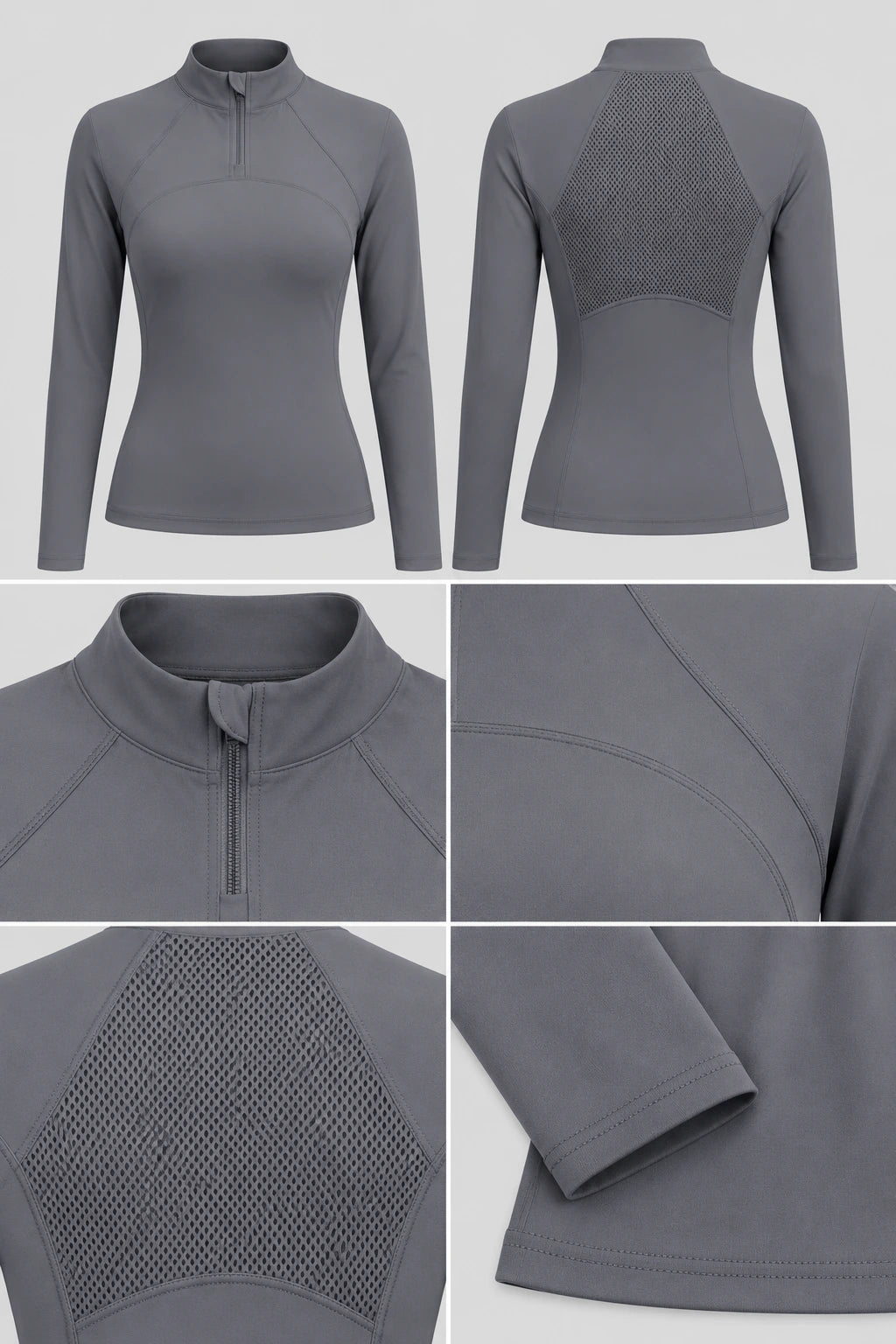 WEARHUB Polyester-Spandex Half-Zip Long-Sleeve Active Top — Black, fabric and stitching details