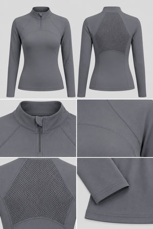 WEARHUB Polyester-Spandex Half-Zip Long-Sleeve Active Top — Black, fabric and stitching details