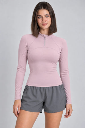 WEARHUB Polyester-Spandex Half-Zip Long-Sleeve Active Top — Grey Blossom Pink, front view