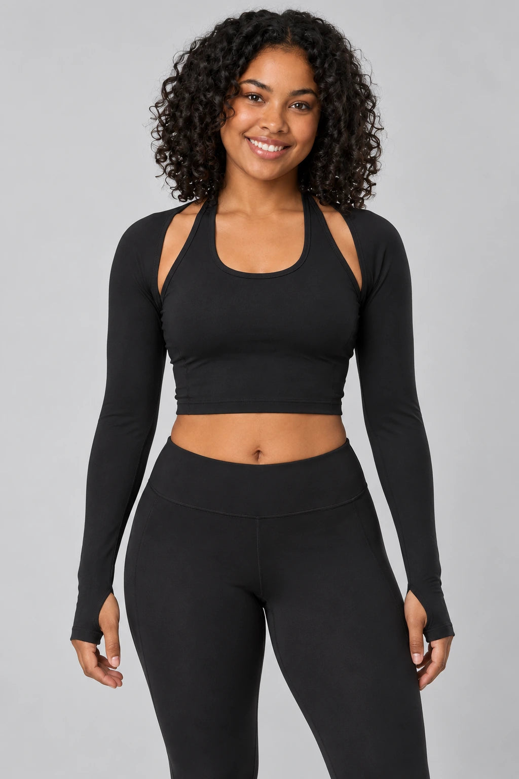 WEARHUB Polyester-Spandex Halter Long-Sleeve Active Top — Starry Black, front view