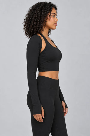 WEARHUB Polyester-Spandex Halter Long-Sleeve Active Top — Starry Black, side view