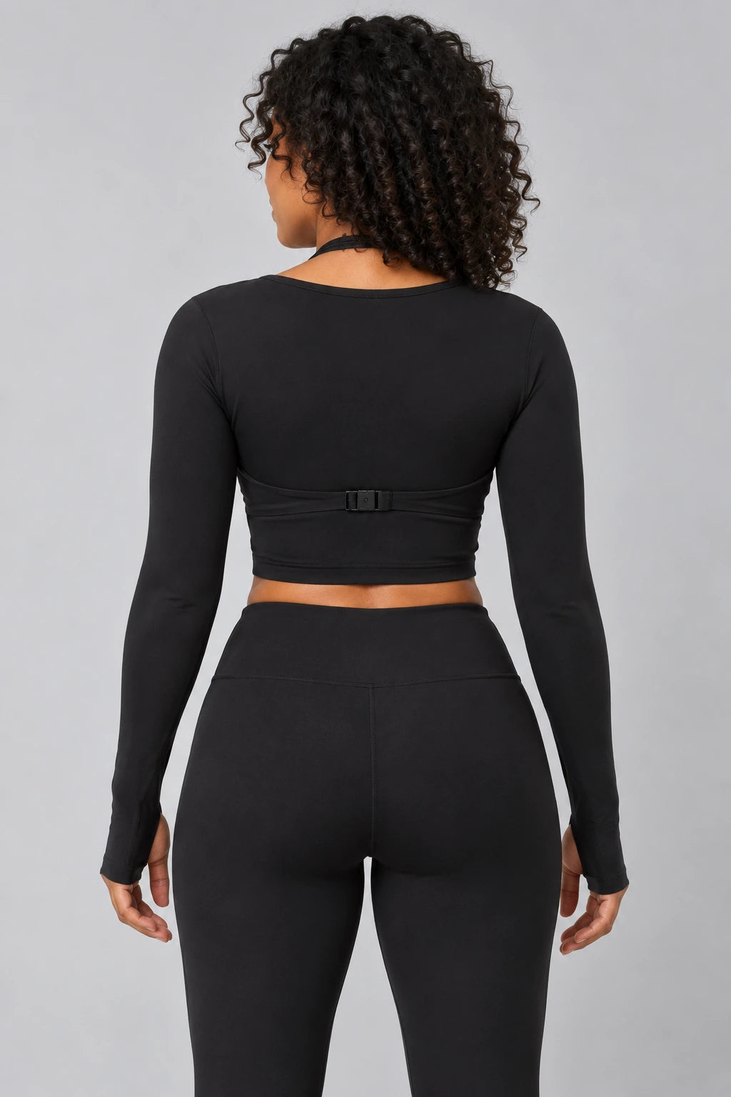 WEARHUB Polyester-Spandex Halter Long-Sleeve Active Top — Starry Black, back view