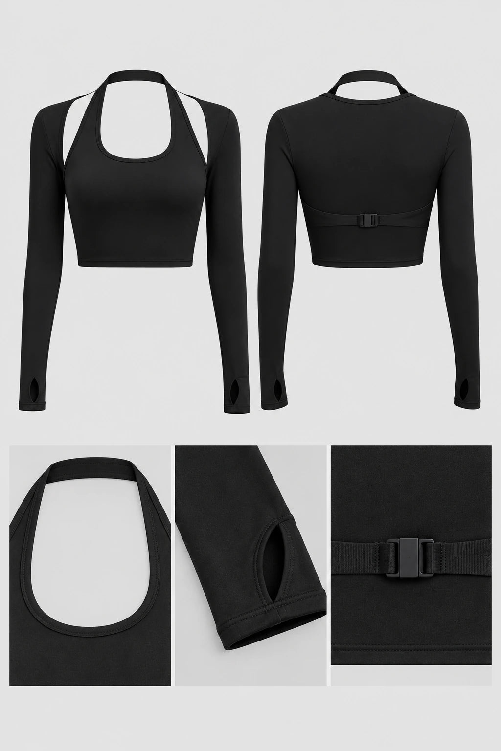 WEARHUB Polyester-Spandex Halter Long-Sleeve Active Top — Starry Black, fabric and stitching details