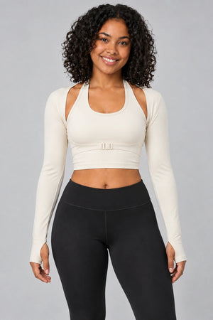 WEARHUB Polyester-Spandex Halter Long-Sleeve Active Top — Ivory, front view