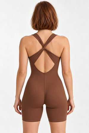 WEARHUB Polyester-Spandex Crisscross Active Romper — Black, back view