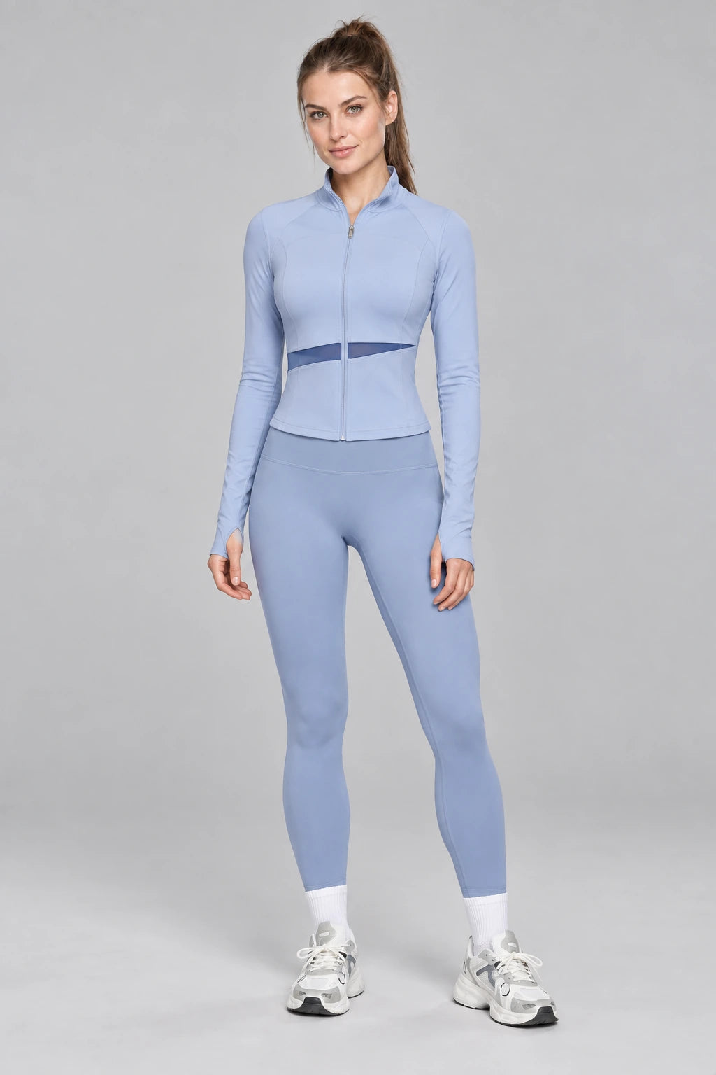 WEARHUB Polyester-Spandex Color-Block Active Jacket — Ice Blue / Rhino Grey, color front view