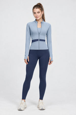 WEARHUB Polyester-Spandex Color-Block Active Jacket — Lake Grey Blue, color front view