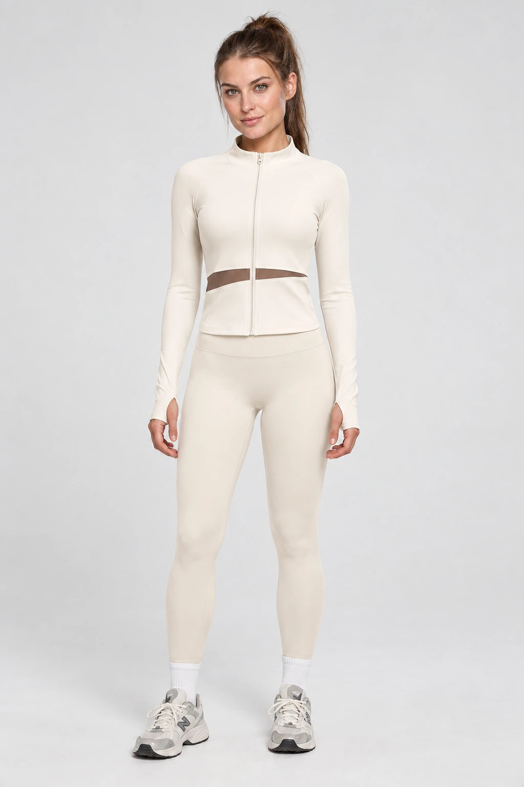 WEARHUB Polyester-Spandex Color-Block Active Jacket — Ivory, color front view