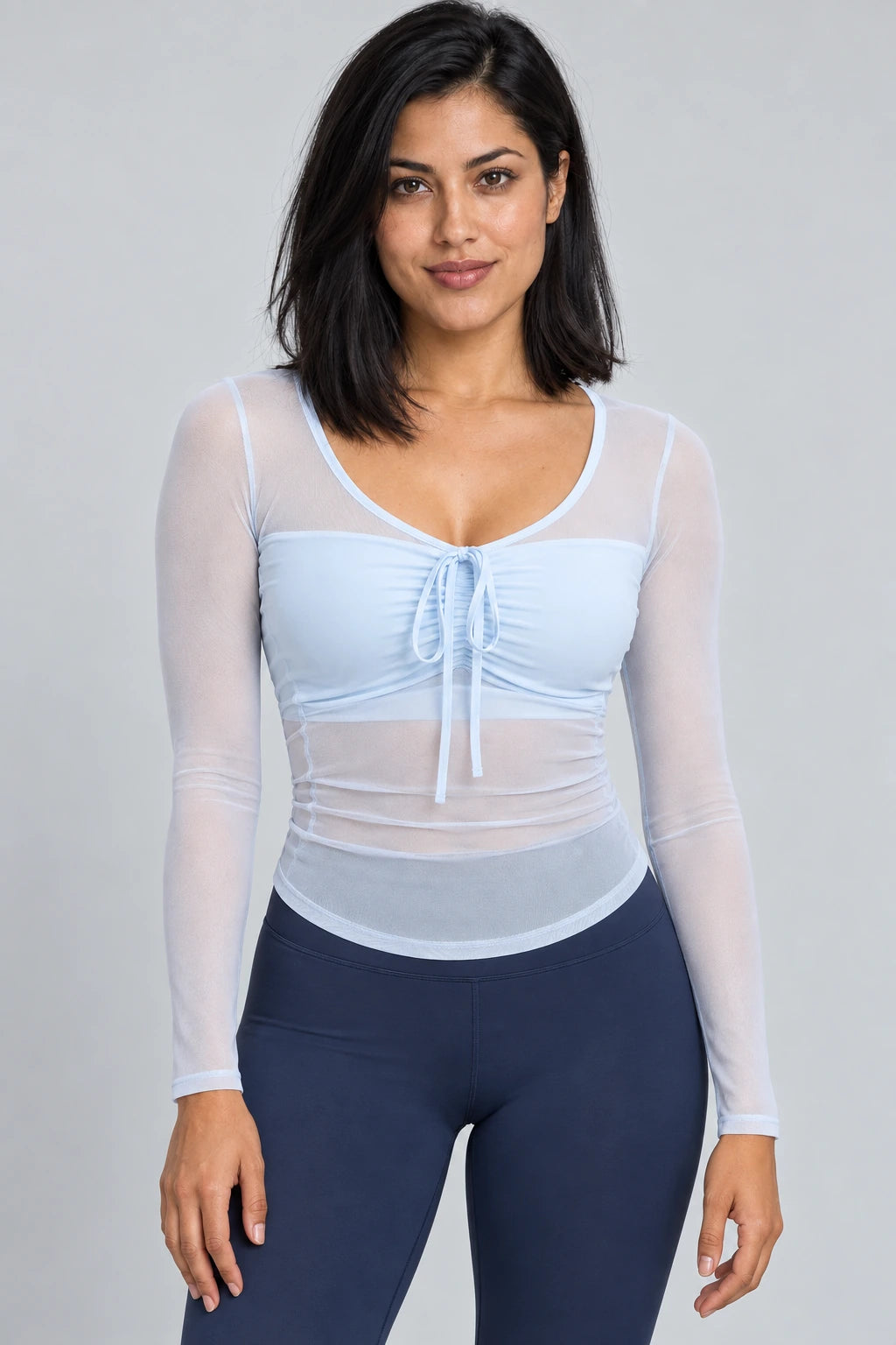 WEARHUB Nylon-Spandex Mesh Tie-Detail Long-Sleeve Active Top — Cloud Blue, front view