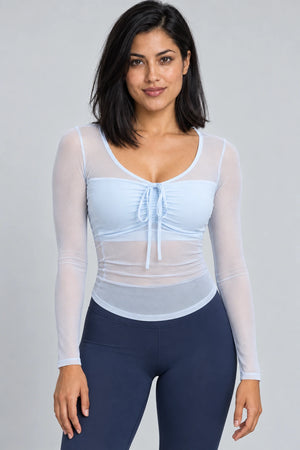 WEARHUB Nylon-Spandex Mesh Tie-Detail Long-Sleeve Active Top — Cloud Blue, front view