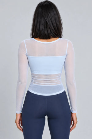 WEARHUB Nylon-Spandex Mesh Tie-Detail Long-Sleeve Active Top — product, back view
