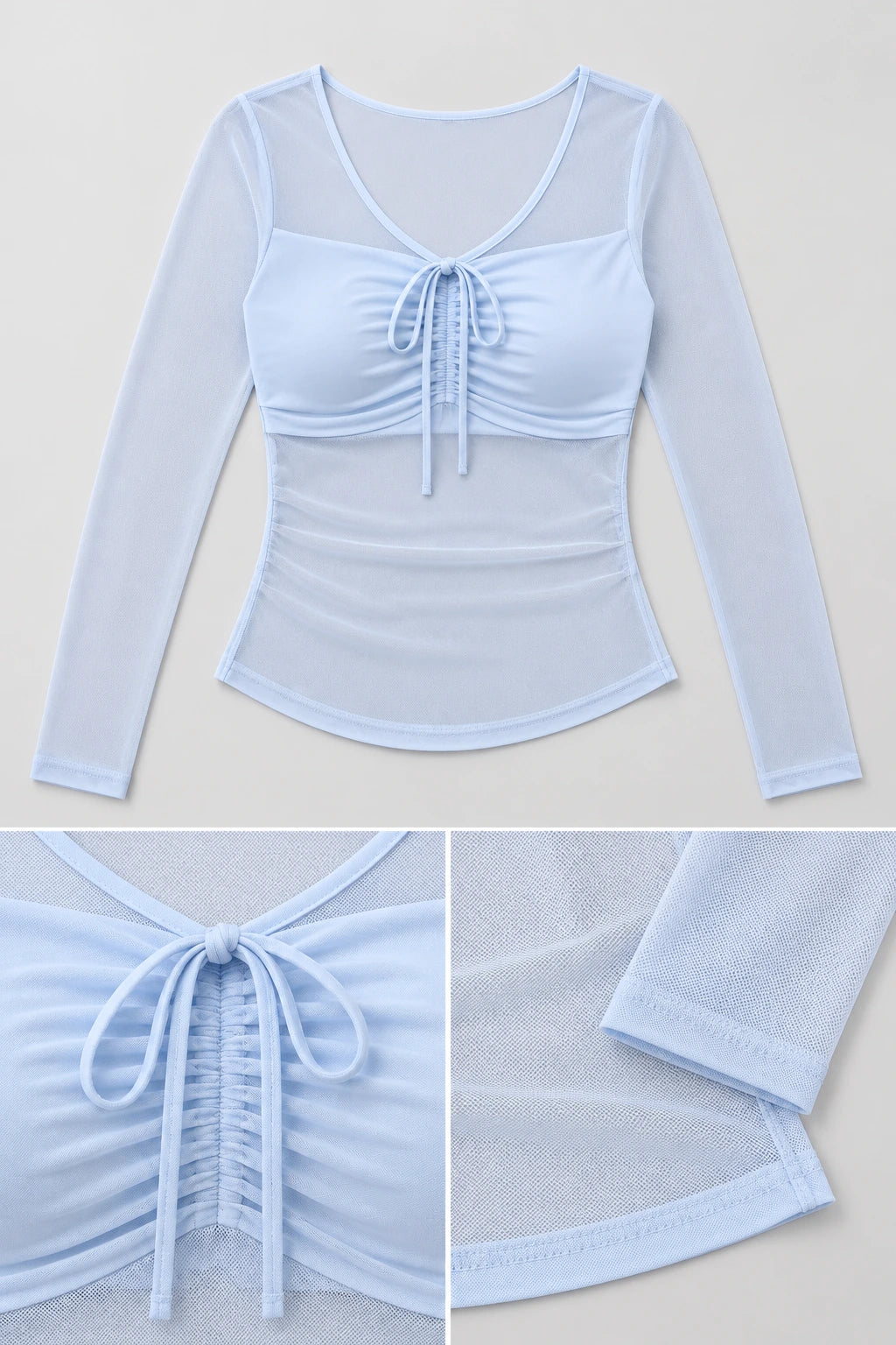WEARHUB Nylon-Spandex Mesh Tie-Detail Long-Sleeve Active Top — product, details view
