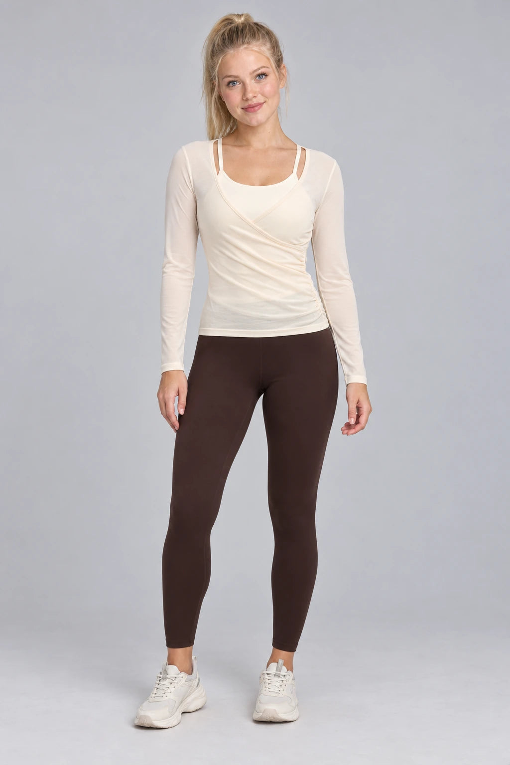 WEARHUB Polyester-Spandex Wrap-Front Mesh Long-Sleeve Active Top — Ivory, front view