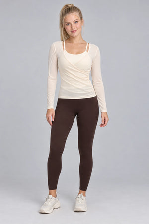 WEARHUB Polyester-Spandex Wrap-Front Mesh Long-Sleeve Active Top — Ivory, front view