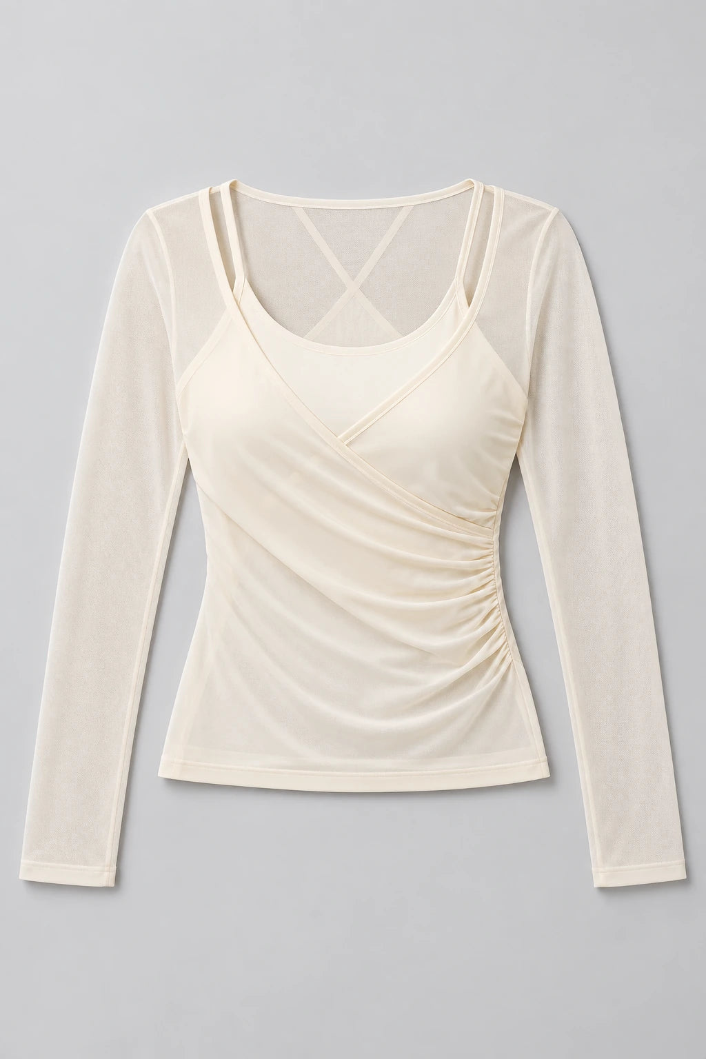 WEARHUB Polyester-Spandex Wrap-Front Mesh Long-Sleeve Active Top — product, details view