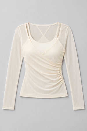 WEARHUB Polyester-Spandex Wrap-Front Mesh Long-Sleeve Active Top — product, details view