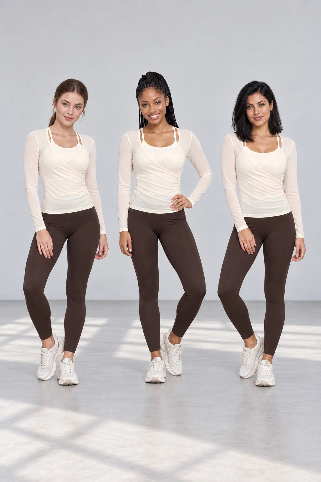 WEARHUB Polyester-Spandex Wrap-Front Mesh Long-Sleeve Active Top — product, multiracial view