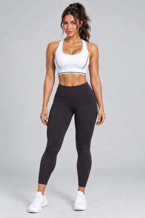 WEARHUB Polyester-Spandex Contrast-Stripe Webbing Sports Bra — White / Starry Black, color front view